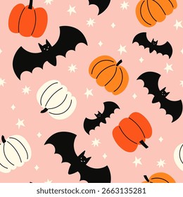 Happy Halloween vector seamless pattern. Cute pumpkin on a pink background. Dog print in flat style.
