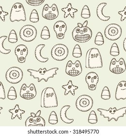 Happy Halloween vector seamless pattern with pumpkins, bats, skull, candies, tombs, moon, stars