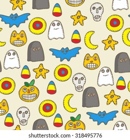 Happy Halloween vector seamless pattern with pumpkins, bats, skull, candies, tombs, moon, stars