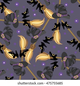 Happy Halloween vector seamless pattern with witch hat, shoes and broom