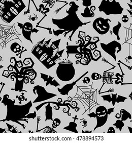 Happy Halloween. Vector seamless pattern texture with traditional halloween holiday icons. Pumpkins and ghost, skull and bat