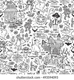 Happy Halloween. Vector Seamless pattern of Hand Drawn Doodle Cute Children in Halloween Costumes and various halloween night holiday design elements