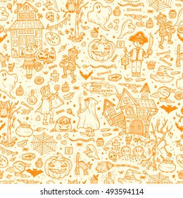 Happy Halloween. Vector Seamless pattern of Hand Drawn Doodle Cute Children in Halloween Costumes and various halloween night holiday design elements