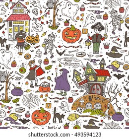 Happy Halloween. Vector Seamless pattern of Hand Drawn Doodle Cute Children in Halloween Costumes and various halloween night holiday design elements