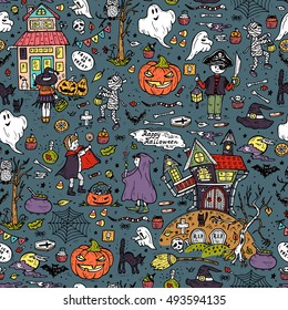 Happy Halloween. Vector Seamless pattern of Hand Drawn Doodle Cute Children in Halloween Costumes and various halloween night holiday design elements