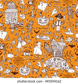 Happy Halloween. Vector Seamless pattern of Hand Drawn Doodle Cute Children in Halloween Costumes and various halloween night holiday design elements