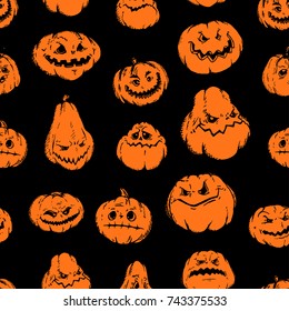 Happy halloween. Vector seamless pattern.13 scary hand-drawn pumpkins in hand-drawn style. EPS 10.