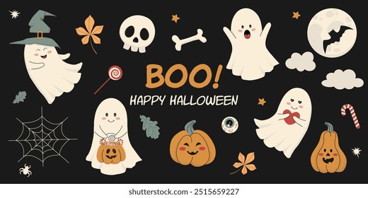 Feliz Vector de Halloween conjunto de adorables ilustraciones de fantasmas y Elementos de temporada. Pegatinas, sellos o parches en estilo de dibujos animados. Perfecto para invitaciones de fiesta, carteles y decoración espeluznante.