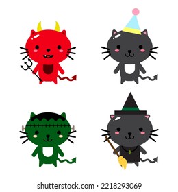 Happy Halloween - vector set of cats in monster costumes, Halloween party. Vector illustration, banner	
