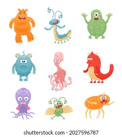 Happy Halloween vector set. Colorful monster, yeti character and face in cartoon style. Funny, crazy eyes, tongue, tooth. Kawaii scary goblin kid. 