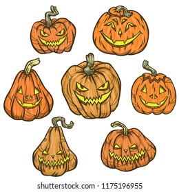 Happy Halloween. Vector set of cute cartoon pumpkin characters on white background.