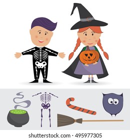 Happy Halloween vector. Set of cute cartoon children in colorful halloween costumes: girl witch in hat and cloak and skeleton boy.  Funny characters. Traditional items for celebrating: cauldron, owl