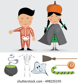 Happy Halloween vector. Set of cute cartoon children in colorful halloween costumes: girl wizard in cloak and skeleton boy. Funny characters. Traditional items for celebrating: cauldron, ghost, broom