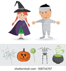 Happy Halloween vector. Set of cute cartoon kids in colorful halloween costumes: girl witch in hat and cloak and bandaged mummy boy. Funny characters. Traditional wizard collection: cauldron, skeleton