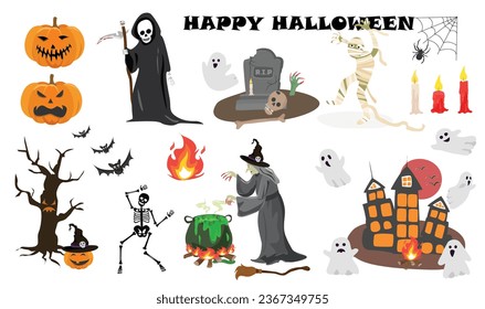 Happy Halloween vector set. Halloween element clip art, pumpkin, grim reaper, death, mummy, zombie hand, ghost, haunted house, bat, witch, spooky tree, potion cauldron, gravestone, candle. Flat vector