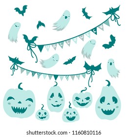 Happy Halloween! Vector set. Flat illustration. Funny Pumpkins.