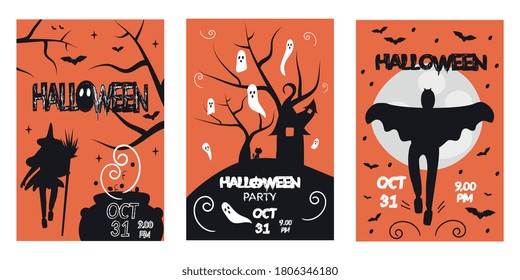 Happy Halloween. Vector set of invitations for a Halloween party or greeting cards. Three creative invitation cards for the Halloween party on October 31.