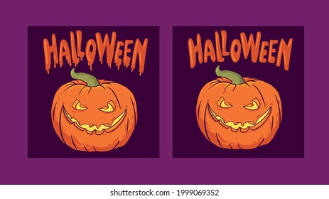 Happy Halloween, a vector set of poster for Halloween parties or greeting cards with handwritten calligraphy and a bright evil, smiling pumpkin.