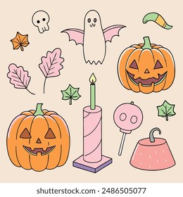 Feliz Vector de Halloween, colección de silueta, conjunto de Elementos de Halloween, fiesta, ilustración, arte, niños, calabaza, miedo y abucheo