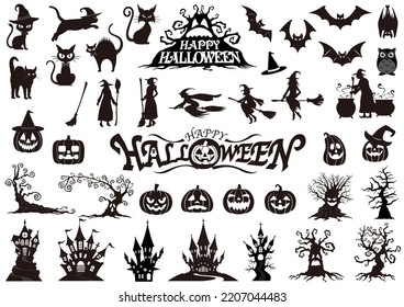 Happy Halloween Vector Silhouette Illustration Set Isolated On A White Background.