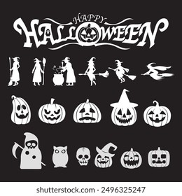 Happy Halloween Vektor Silhouette Illustrationssatz einzeln auf weißem Hintergrund.