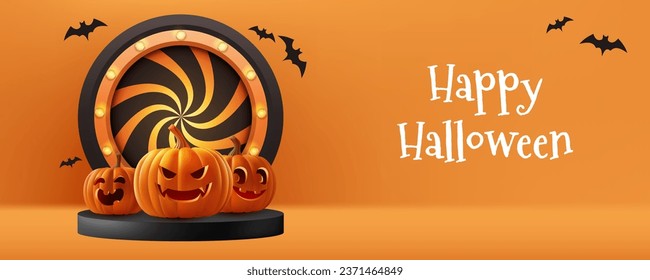 Happy Halloween vector stage 3d illustration. Featuring a spooky banner design with pumpkins, bats, and a unique spiral shape, it's perfect for holiday promotions and sales. Not AI generated.