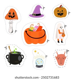 Happy Halloween vector stickers with dashed line for cutting. Cartoon set of halloween elements, a ghost costume, a pumpkin, a basket of candies, a devil, a magic layer, an amanita and a cauldron