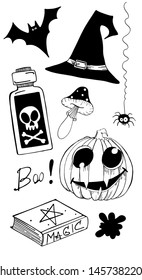 Happy Halloween vector stock set!  Hand drawn ink objects. Witch hat, bat, poison, mushroom, spider, pumpkin, book, magic