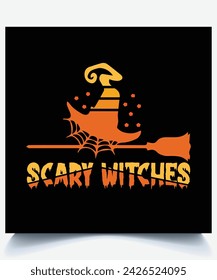 Happy Halloween vector stylized orange letters on black background. Holiday illustration for Halloween day.Halloween Scary witches Halloween quotes t shirt design, vector graphic with witches  hat.