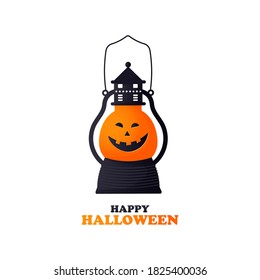 Feliz tarjeta de plantilla vectorial de Halloween con linda luz de calabaza de dibujos animados, iluminador. Sonrisa divertida cara por banner de fiesta. Ilustración del vector 