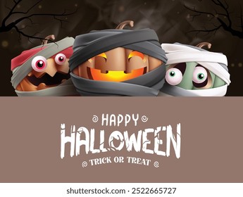 Diseño feliz de la Plantilla del Vector de Halloween. Truco de Halloween o texto de saludo en el espacio gris del tablero con el carácter lindo de la cara de las calabazas de la momia. Tarjeta de invitación de fiesta de noche de Ilustración vectorial para niños 