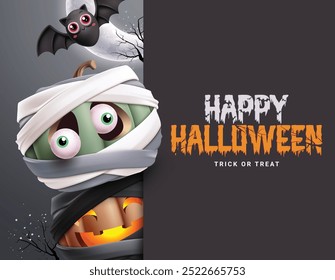 Happy halloween vector template design. Mummy pumpkins cute and creepy character with halloween trick or treat greeting text for holiday celebration in night board black empty space. Vector 