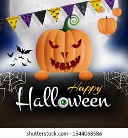 Happy Halloween. Vector template for holiday advertising card, flyer, poster, banner. Decorated scary pumpkin, spider, bats, flags, smoke, moon, stars and holiday message on top of sky background.