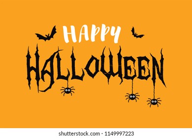  Happy Halloween vector text banner with spider and bat.

