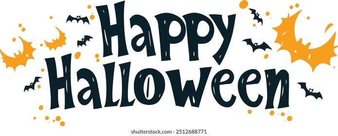 Happy Halloween vector text banner on a transparent background. Featuring black and orange bats suitable for placing over Halloween cards, social media and poster designs.