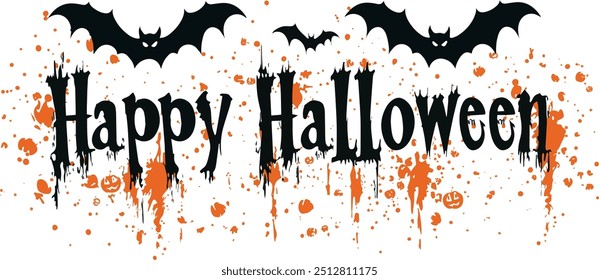 Happy Halloween vector text banner on a transparent background. Featuring black and orange bats suitable for placing over Halloween cards, social media and poster designs.