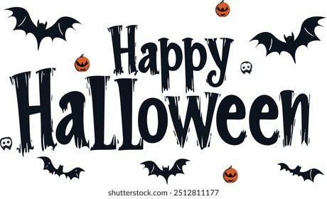 Happy Halloween vector text banner on a transparent background. Featuring black and orange bats suitable for placing over Halloween cards, social media and poster designs.