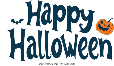 Happy Halloween vector text banner on a transparent background. Featuring black and orange bats suitable for placing over Halloween cards, social media and poster designs.