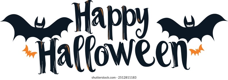 Happy Halloween vector text banner on a transparent background. Featuring black and orange bats suitable for placing over Halloween cards, social media and poster designs.