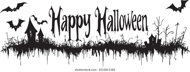 Happy Halloween vector text banner on a transparent background. Featuring black and orange bats suitable for placing over Halloween cards, social media and poster designs.