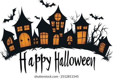 Happy Halloween vector text banner on a transparent background. Featuring black and orange bats and haunted houses suitable for placing over Halloween cards, social media and poster designs.