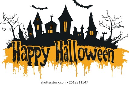 Happy Halloween vector text banner on a transparent background. Featuring black and orange bats and haunted houses suitable for placing over Halloween cards, social media and poster designs.