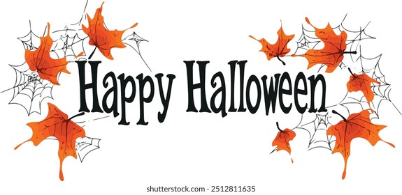 Happy Halloween vector text banner on a transparent background. Featuring cobwebs and autumn leaves suitable for placing over Halloween cards, social media and poster designs.