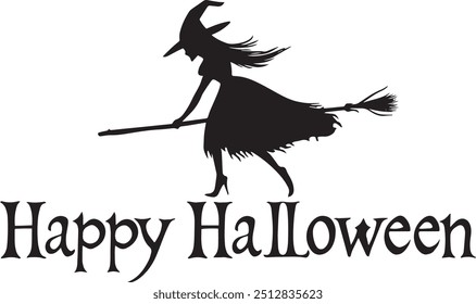 Happy Halloween vector text banner on a transparent background. Featuring black bats, witch and cobwebs suitable for placing over Halloween cards, social media and poster designs.