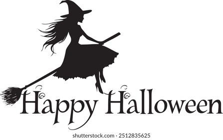 Happy Halloween vector text banner on a transparent background. Featuring black bats, witch and cobwebs suitable for placing over Halloween cards, social media and poster designs.