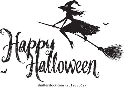 Happy Halloween vector text banner on a transparent background. Featuring black bats, witch and cobwebs suitable for placing over Halloween cards, social media and poster designs.