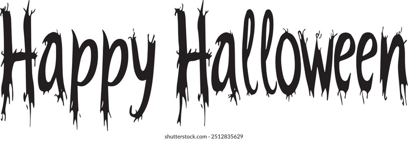 Happy Halloween vector text banner on a transparent background. Featuring black bats, witch and cobwebs suitable for placing over Halloween cards, social media and poster designs.