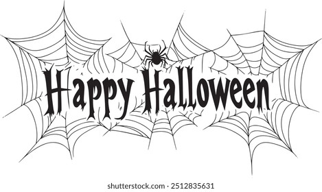 Happy Halloween vector text banner on a transparent background. Featuring black bats, witch and cobwebs suitable for placing over Halloween cards, social media and poster designs.