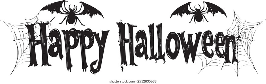 Happy Halloween vector text banner on a transparent background. Featuring black bats, witch and cobwebs suitable for placing over Halloween cards, social media and poster designs.