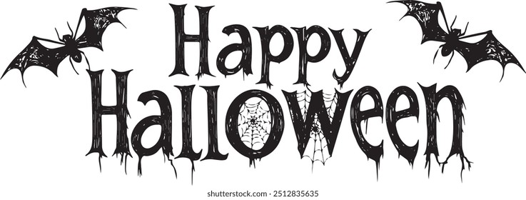 Happy Halloween vector text banner on a transparent background. Featuring black bats, witch and cobwebs suitable for placing over Halloween cards, social media and poster designs.